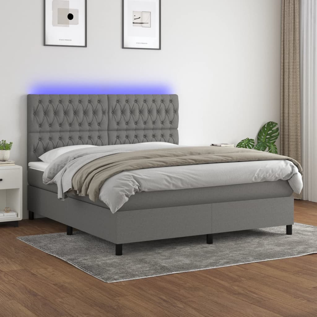 Box Spring Bed with Mattress&amp;LED Dark Grey 153x203 cm Queen Size Fabric