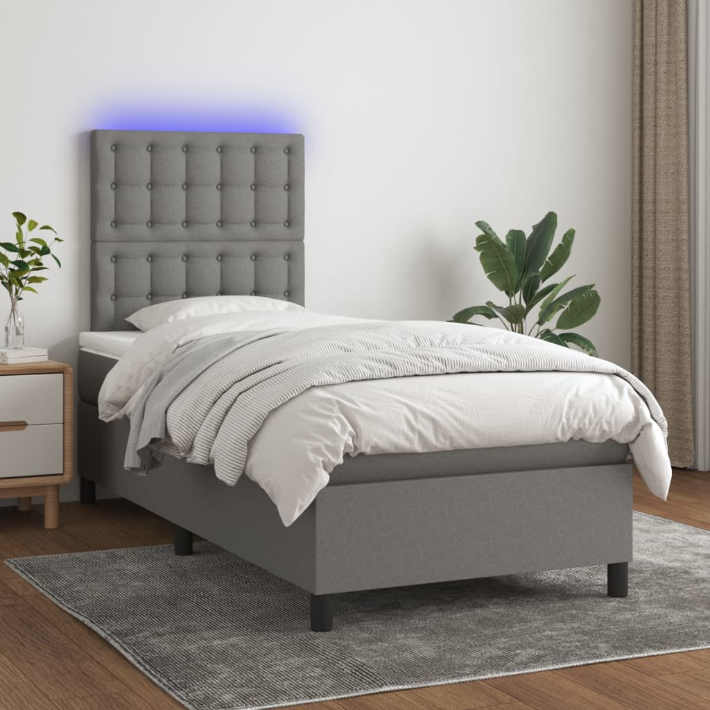 Box Spring Bed with Mattress&amp;LED Dark Grey 106x203 cm King Single Size Fabric