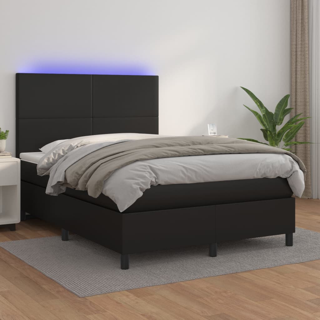 Box Spring Bed with Mattress&amp;LED Black 137x187 cm Double Size Faux Leather