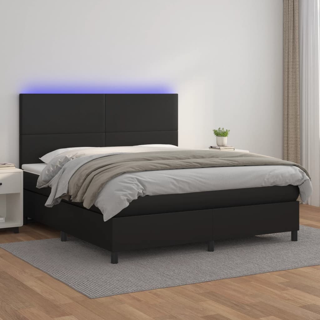 Box Spring Bed with Mattress&amp;LED Black 153x203 cm Queen Size Faux Leather