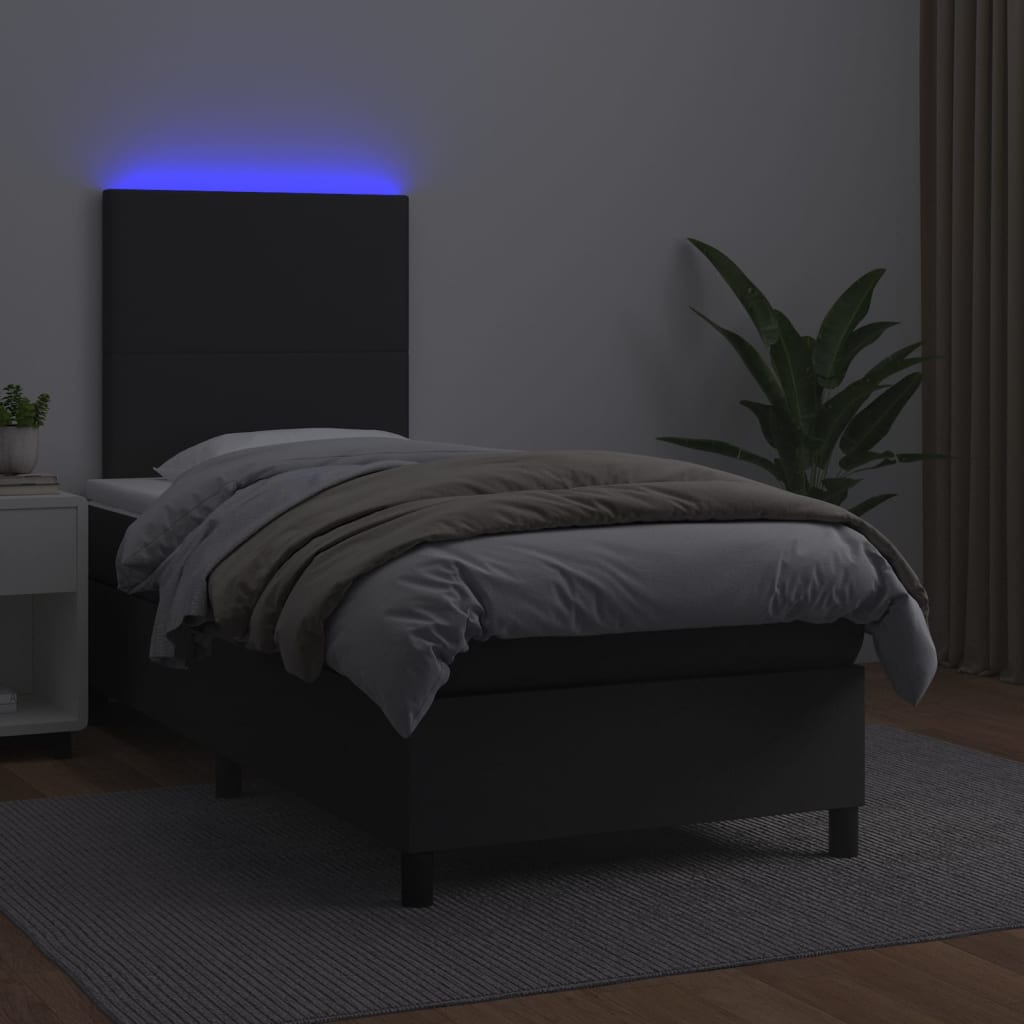 Box Spring Bed with Mattress&LED Black 106x203 cm King Single Size Faux Leather