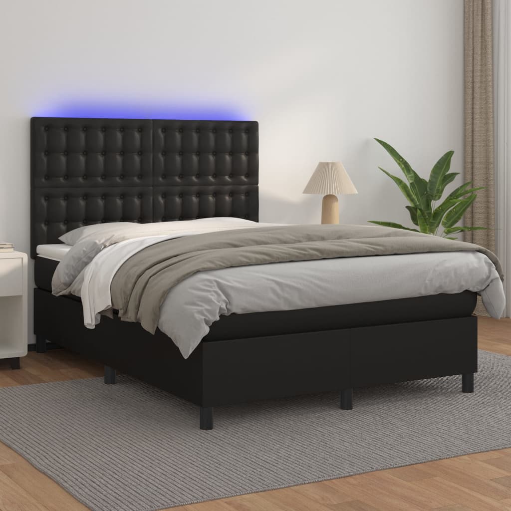 Box Spring Bed with Mattress&amp;LED Black 137x187 cm Double Size Faux Leather