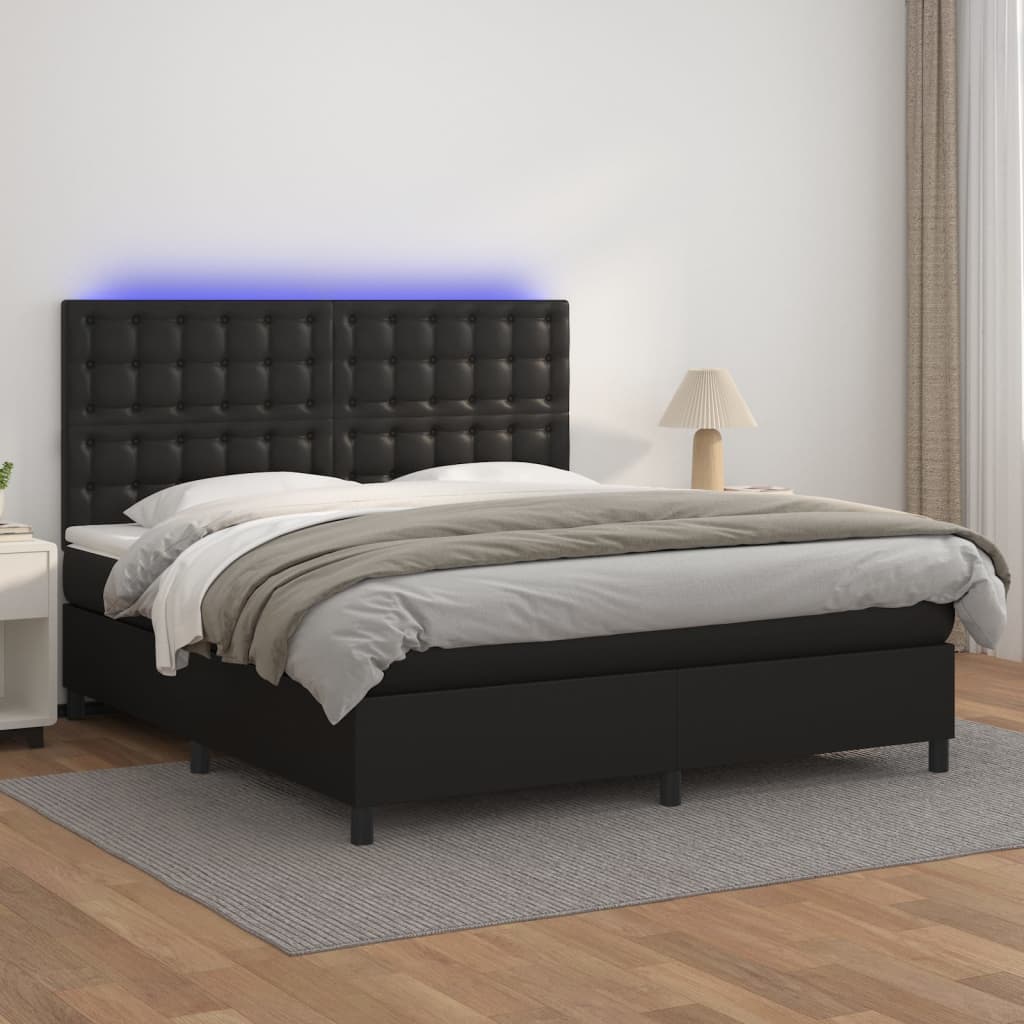 Box Spring Bed with Mattress&amp;LED Black 153x203 cm Queen Size Faux Leather