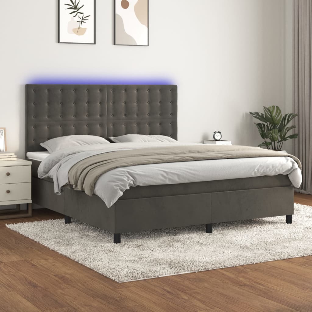 Box Spring Bed with Mattress&amp;LED Dark Grey 153x203 cm Queen Size Velvet