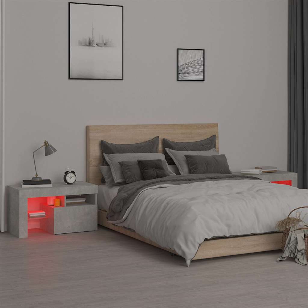 Bedside Cabinets 2 pcs with LED Lights Concrete Grey 70x36.5x40 cm