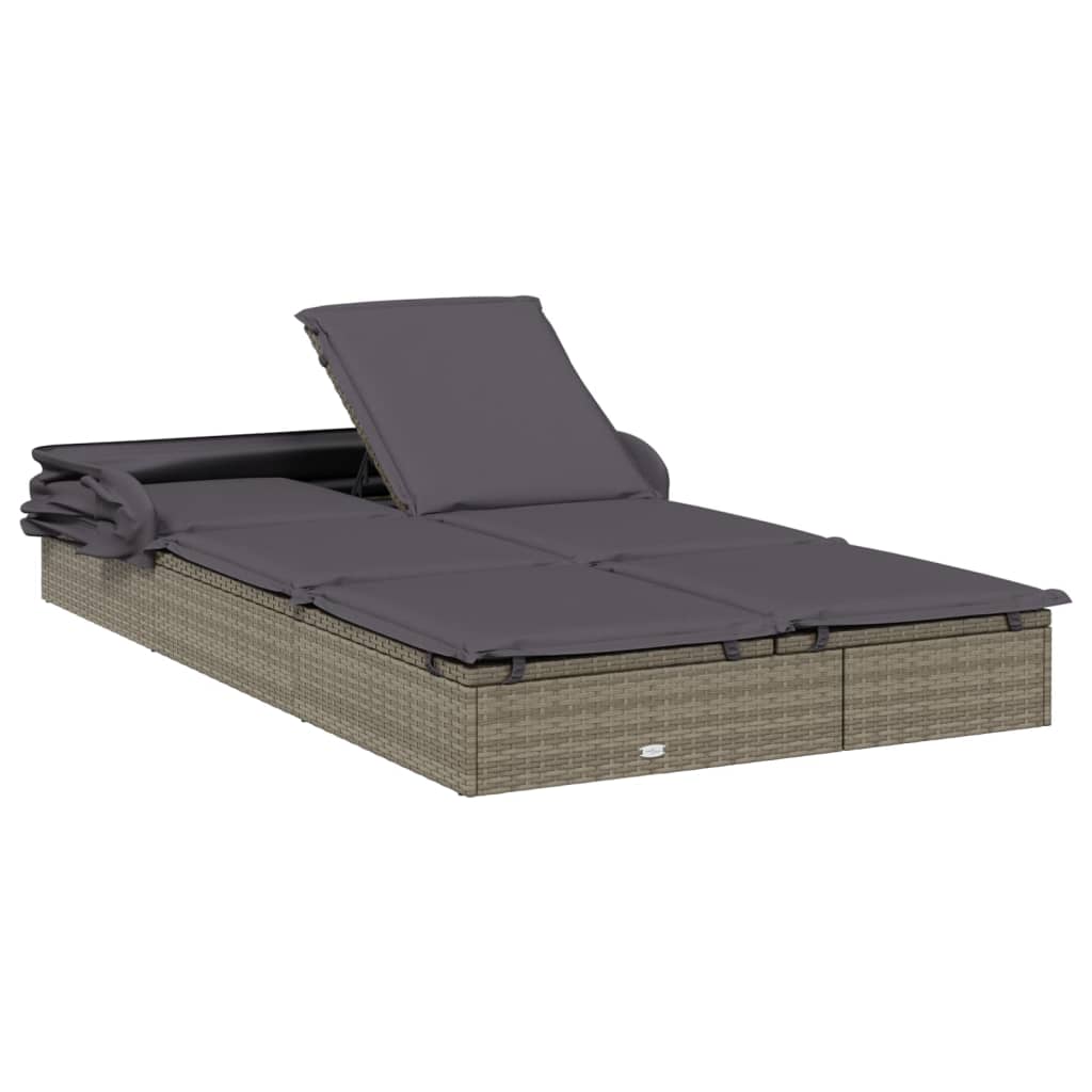 2-Person Sunbed with Foldable Roof Grey 213x118x97 cm Poly Rattan