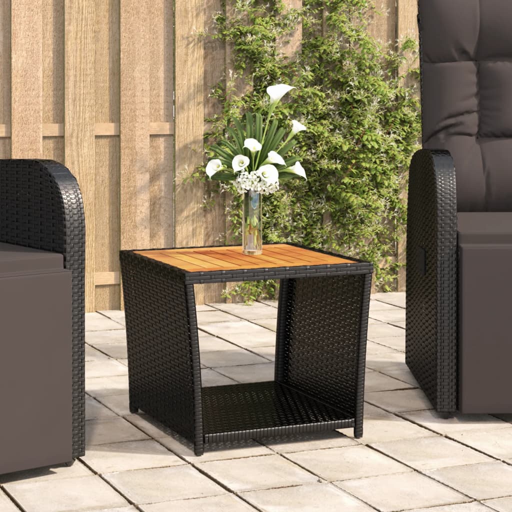 Tea Table with Wooden Top Black Poly Rattan&amp;Solid Wood Acacia