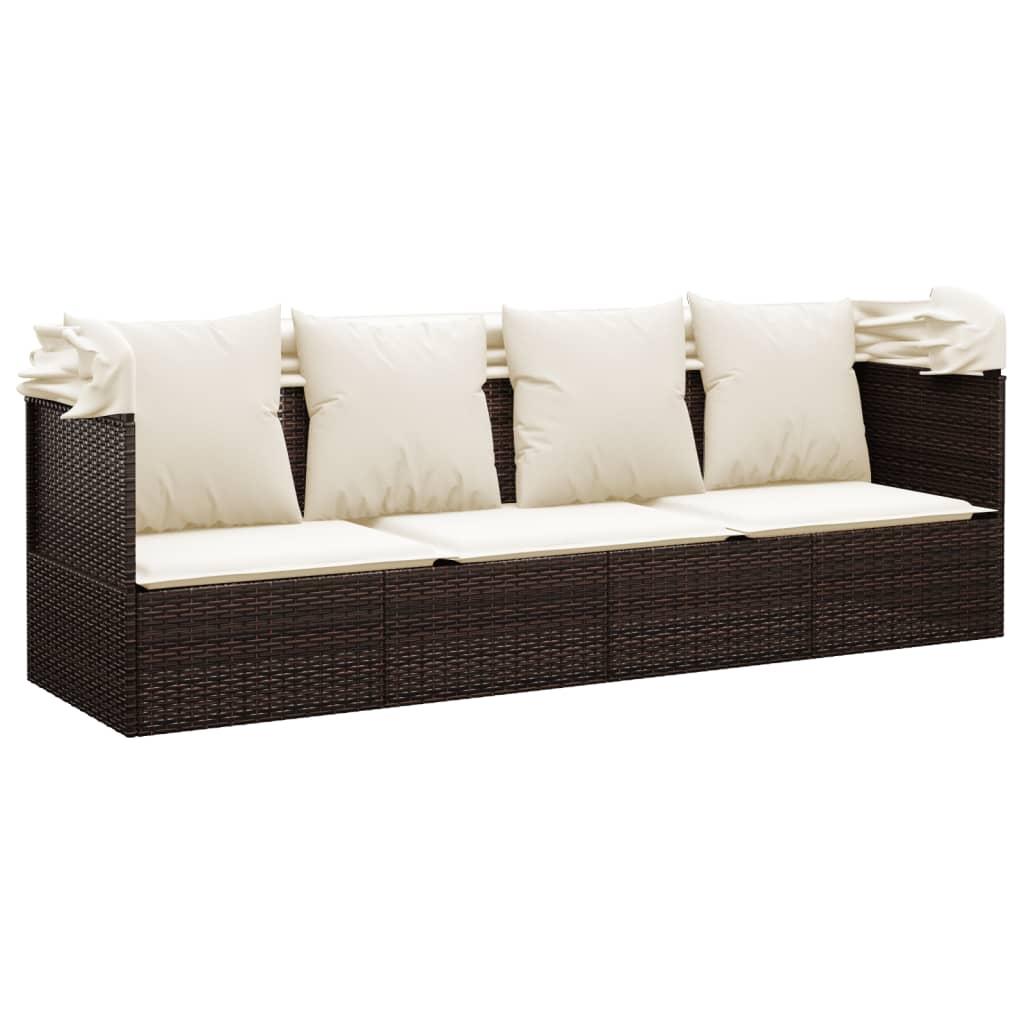 Outdoor Lounge Bed with Roof and Cushions Brown Poly Rattan