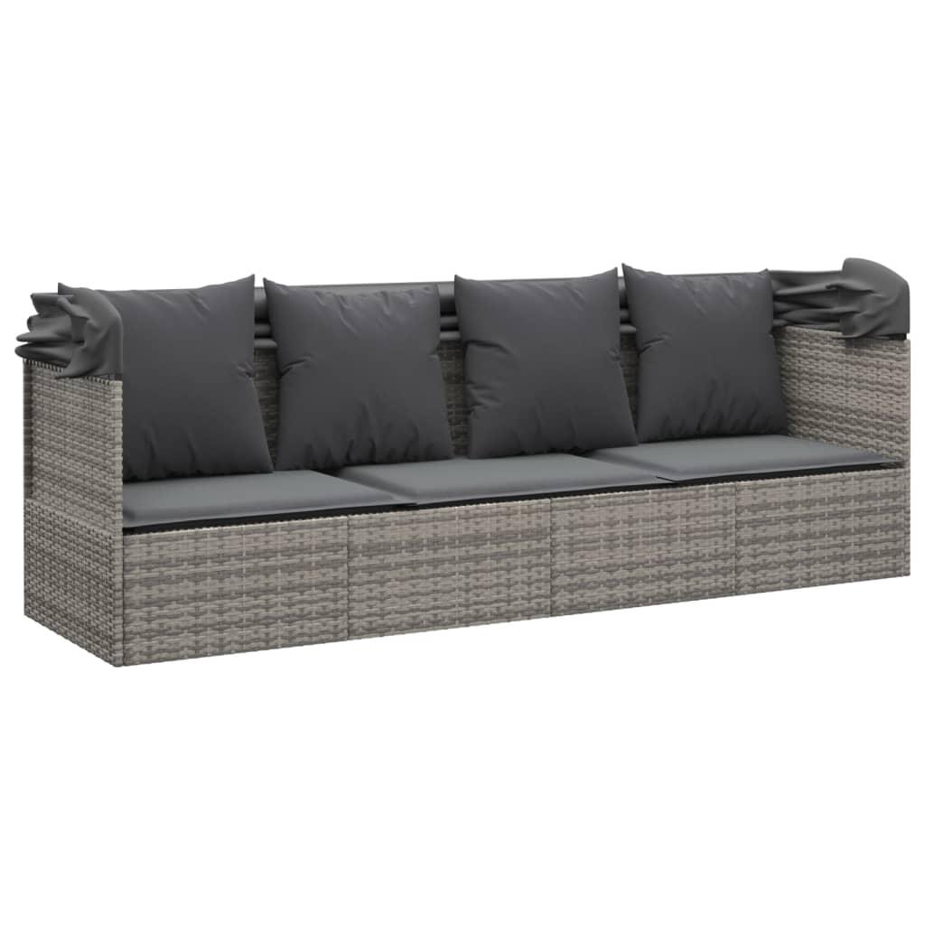 Outdoor Lounge Bed with Roof and Cushions Grey Poly Rattan