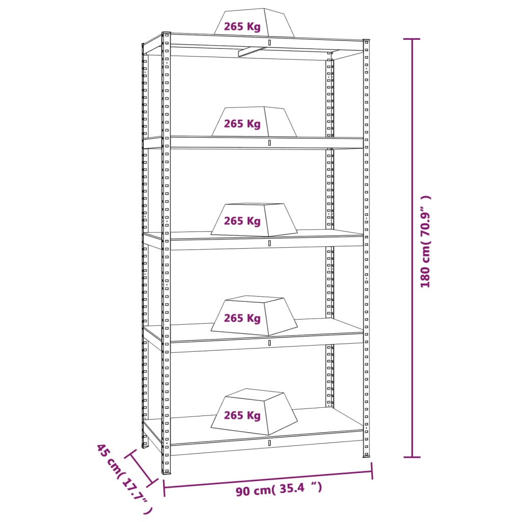 5-Layer Heavy-duty Shelves 2 pcs Silver Steel and Engineered Wood