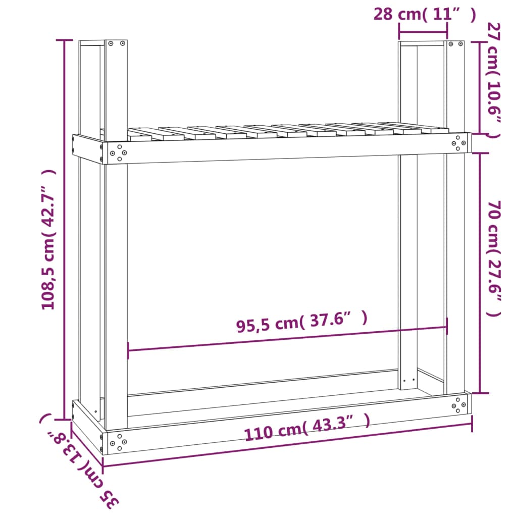 Firewood Rack Black 110x35x108.5 cm Solid Wood Pine