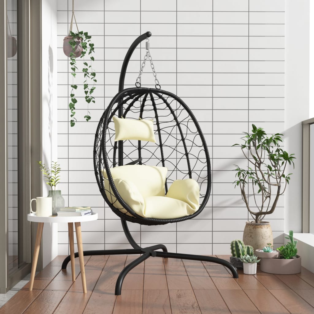 Hanging Egg Chair with Cushion Cream White Poly Rattan&amp;Steel