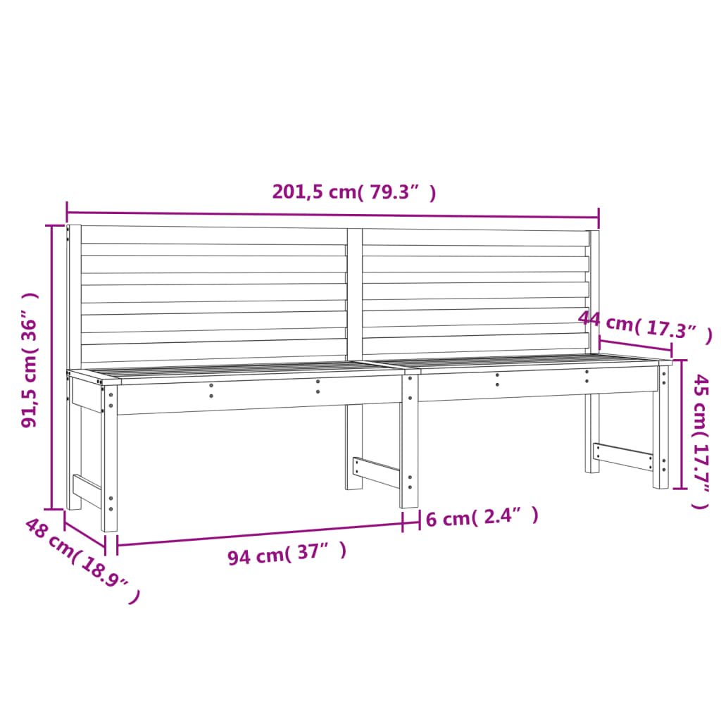 Garden Bench Black 201.5 cm Solid Wood Pine