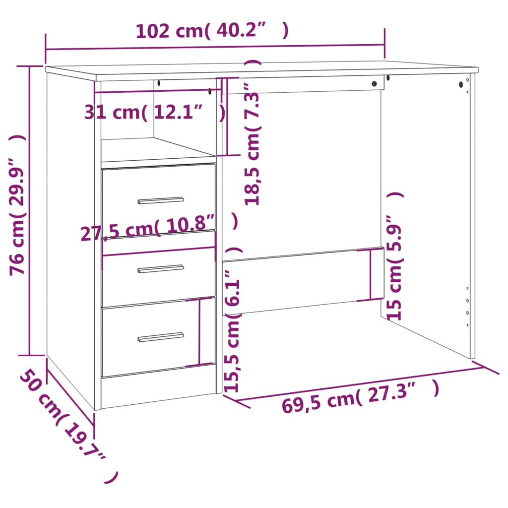 Desk with Drawers White 102x50x76 cm Engineered Wood