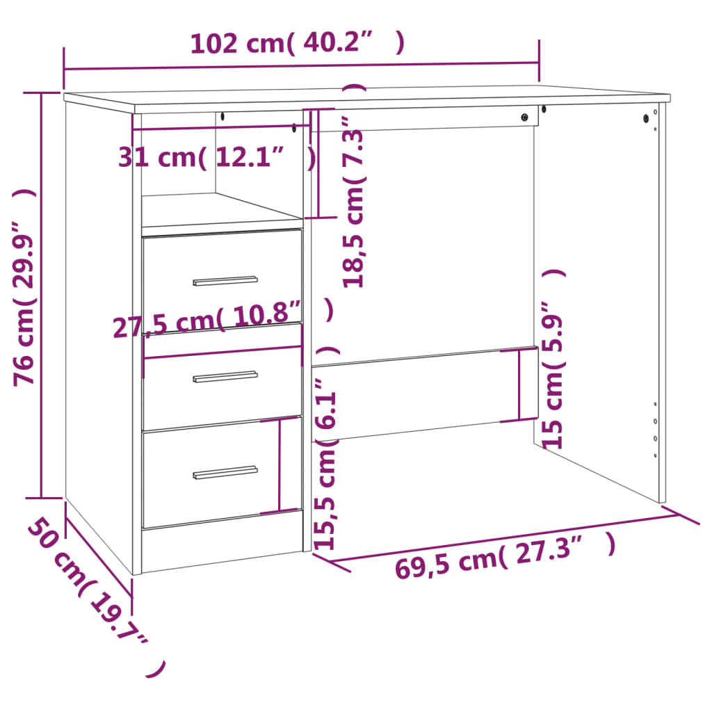 Desk with Drawers Sonoma Oak 102x50x76 cm Engineered Wood