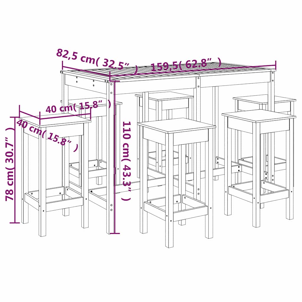 7 Piece Garden Bar Set Black Solid Wood Pine