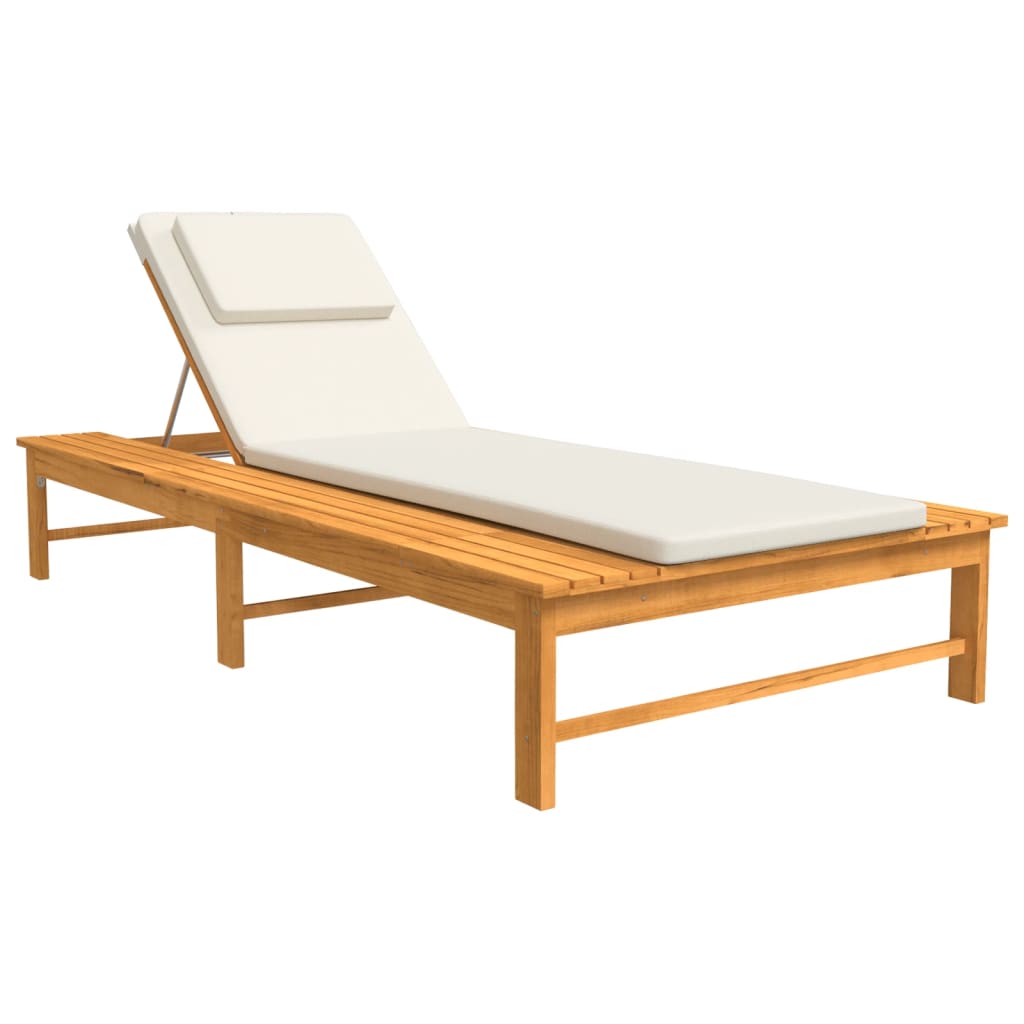 Sun Lounger with Cream White Cushion and Pillow Solid Wood Acacia