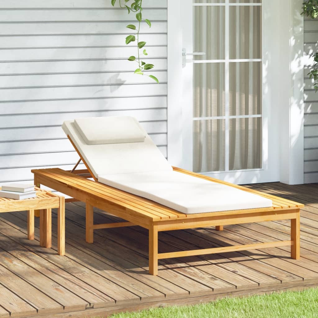 Sun Lounger with Cream White Cushion and Pillow Solid Wood Acacia