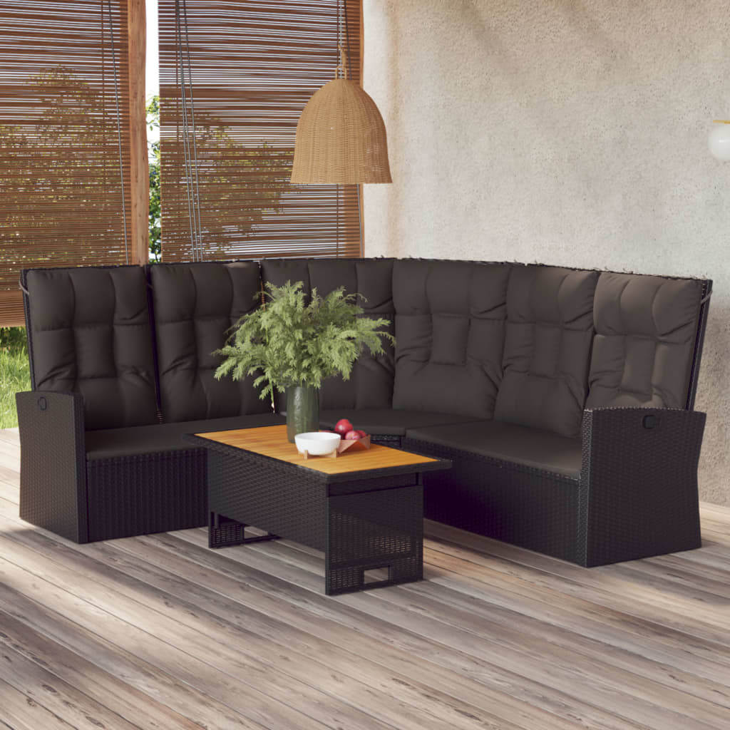 Reclining Corner Sofa with Cushions Black Poly Rattan