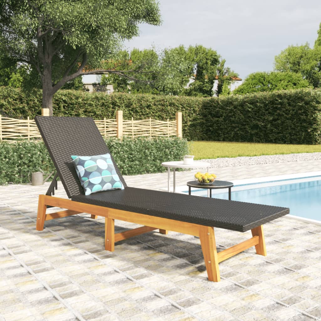Sun Lounger Black and Brown Poly Rattan&amp;Solid Wood Acacia