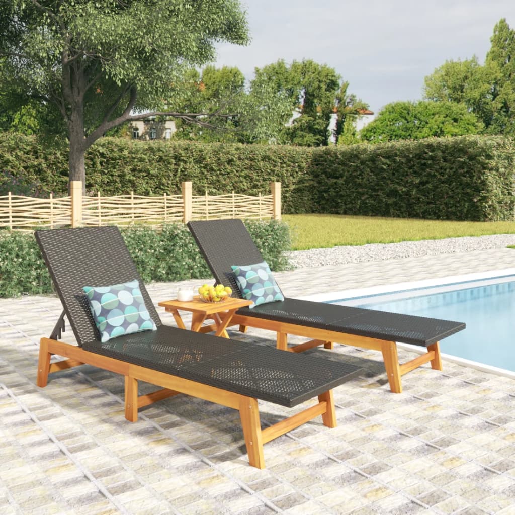 Sun Loungers 2 pcs Black and Brown Poly Rattan&amp;Solid Wood Acacia