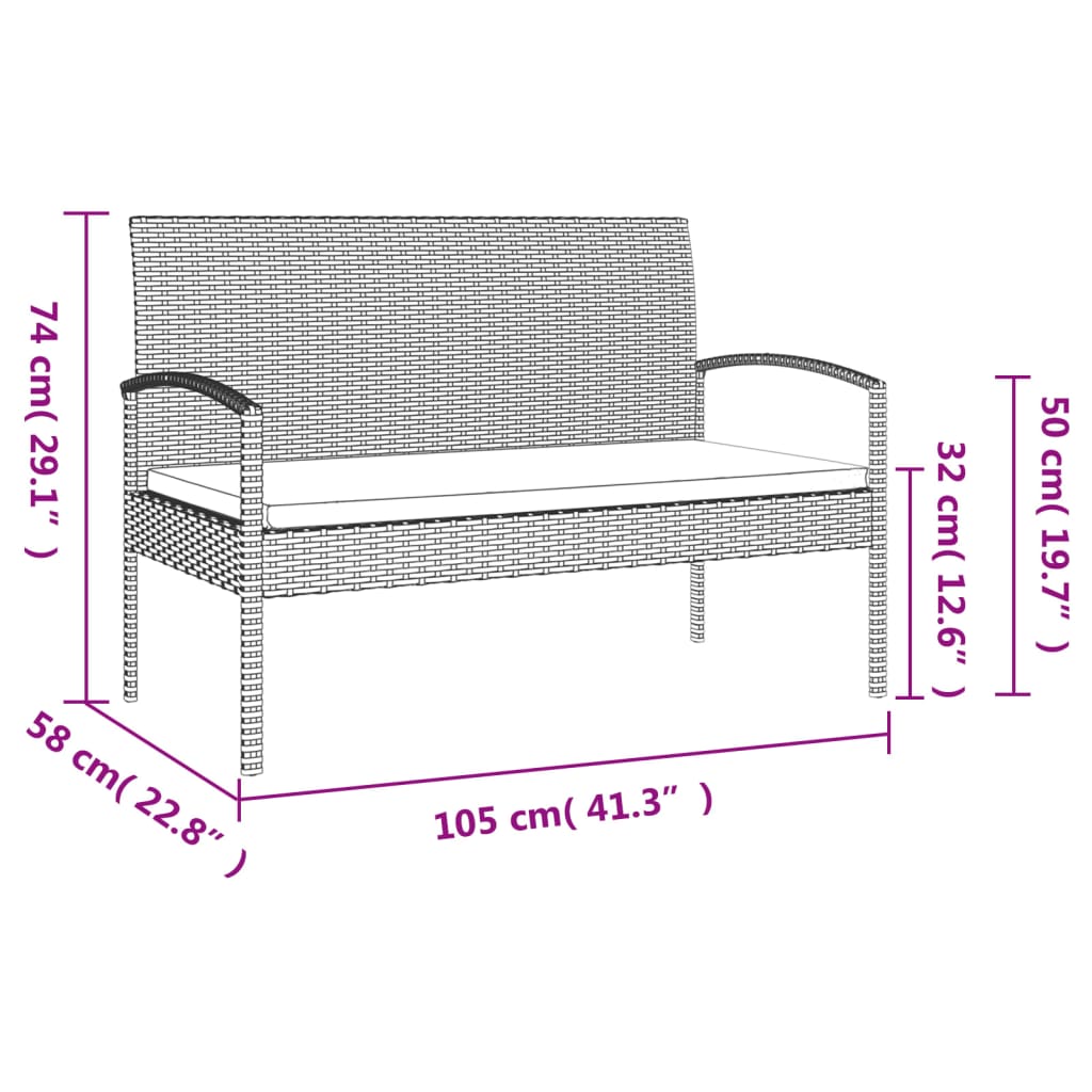 Garden Bench with Cushion Black 105 cm Poly Rattan