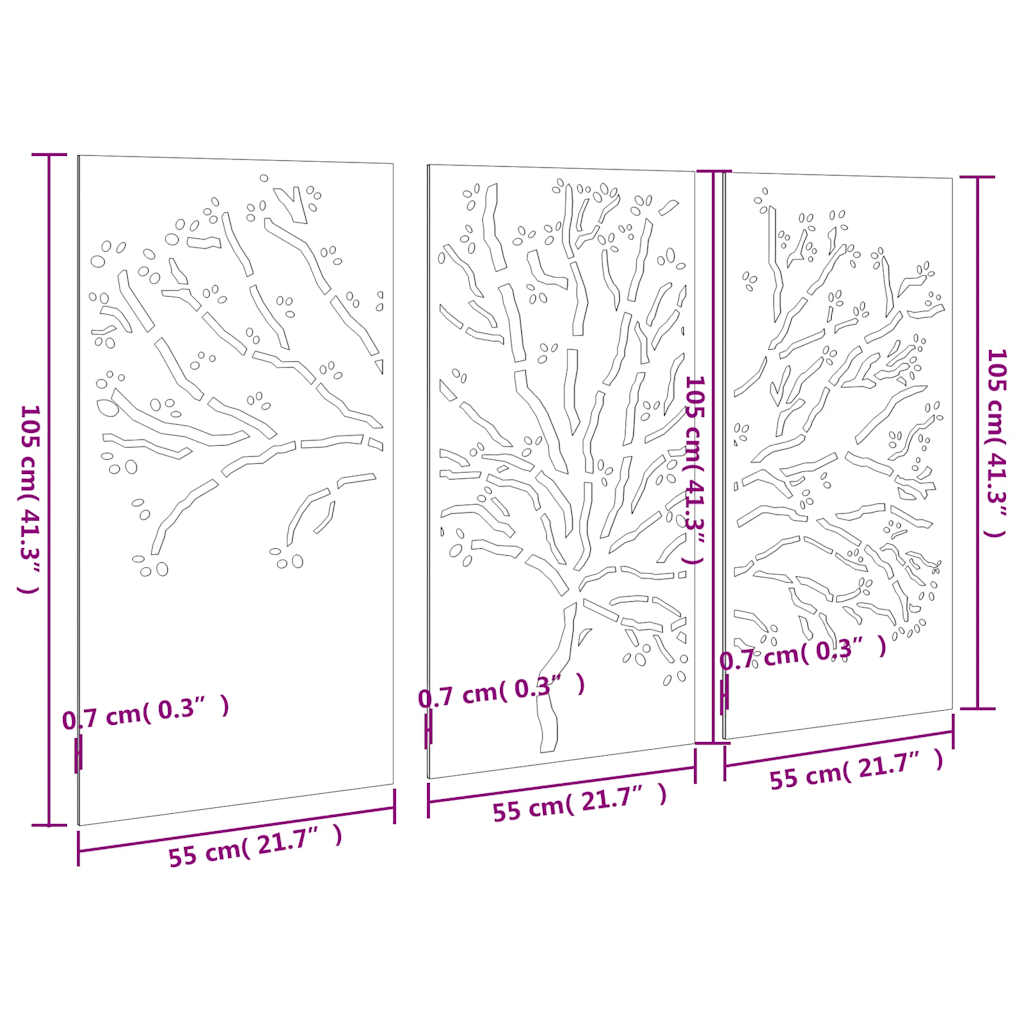 Garden Wall Decorations 3 pcs 105x55 cm Corten Steel Tree Design
