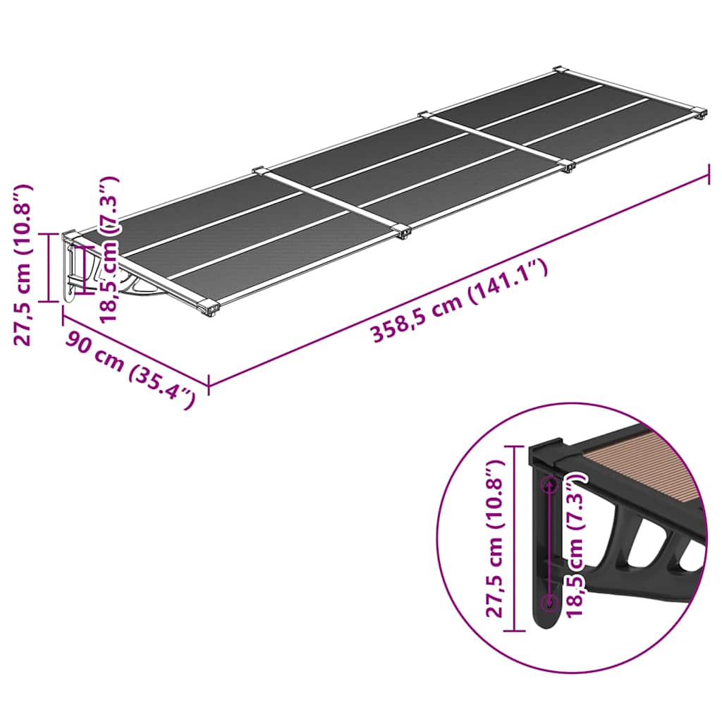 Door Canopy Black 358.5x90 cm Polycarbonate
