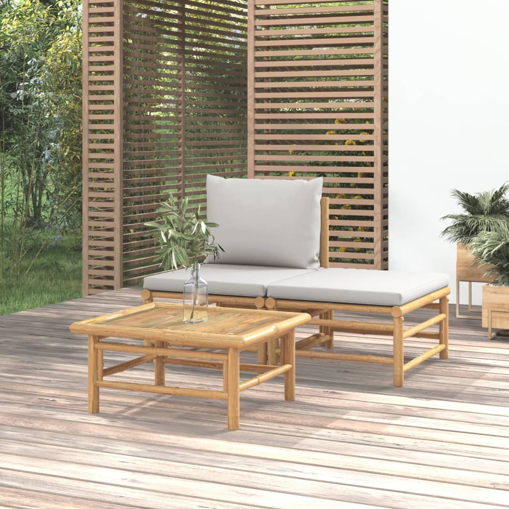 3 Piece Garden Lounge Set with Light Grey Cushions Bamboo