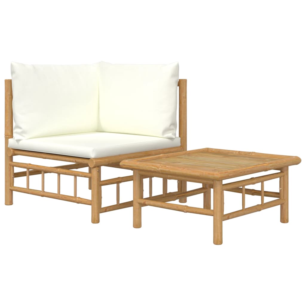 2 Piece Garden Lounge Set with Cream White Cushions Bamboo