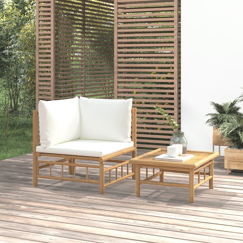 2 Piece Garden Lounge Set with Cream White Cushions Bamboo