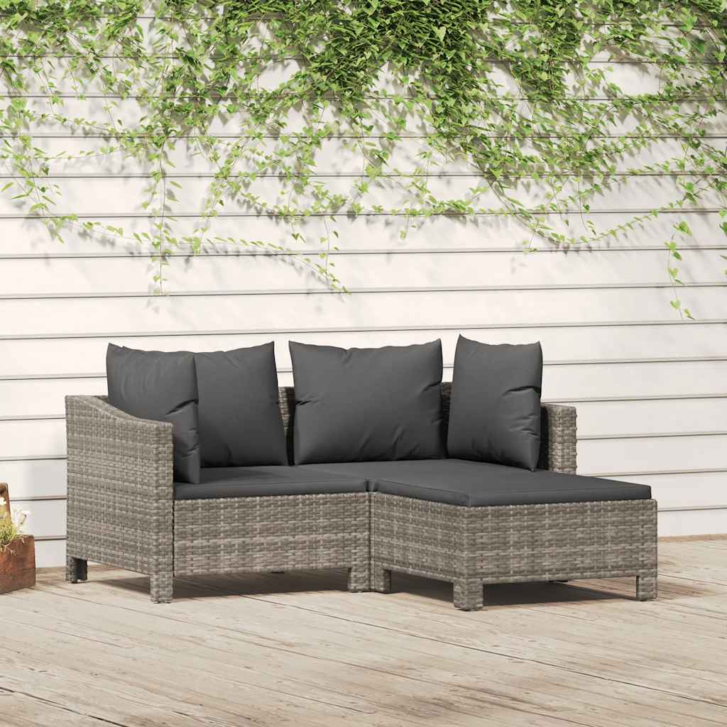 3 Piece Garden Lounge Set with Cushions Grey Poly Rattan