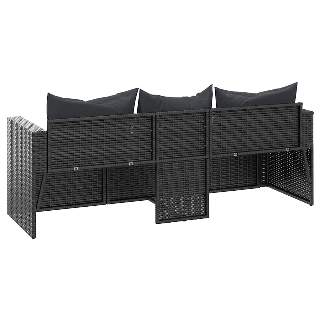 3-Seater Garden Sofa with Cushions Black Poly Rattan