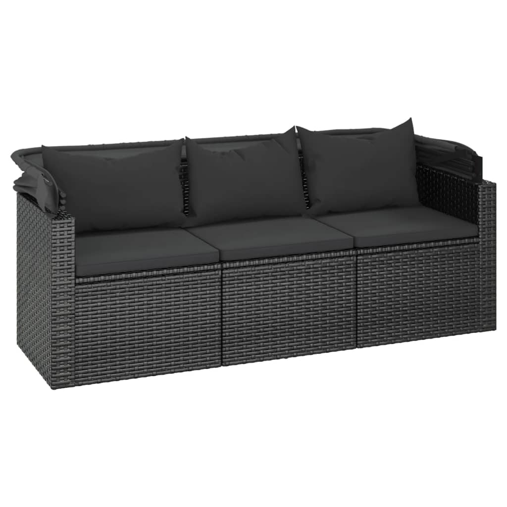 3-Seater Garden Sofa with Roof and Footstool Black Poly Rattan