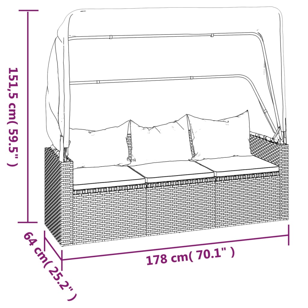 3-Seater Garden Sofa with Roof and Footstool Black Poly Rattan