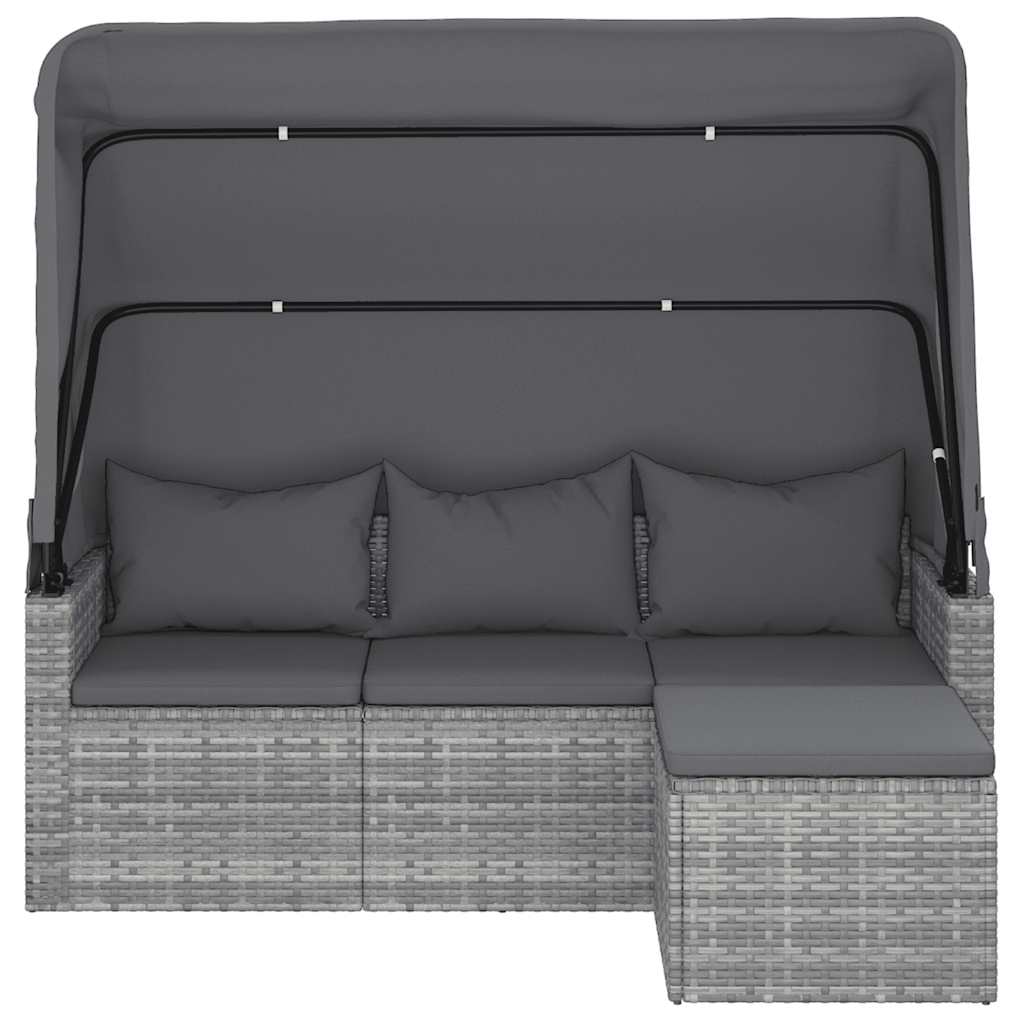 3-Seater Garden Sofa with Roof and Footstool Grey Poly Rattan