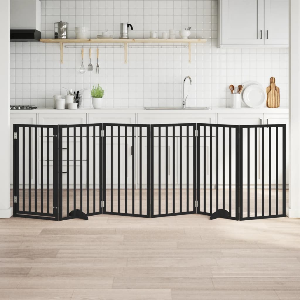 Dog Gate with Door Foldable 6 Panels Black 300 cm Poplar Wood
