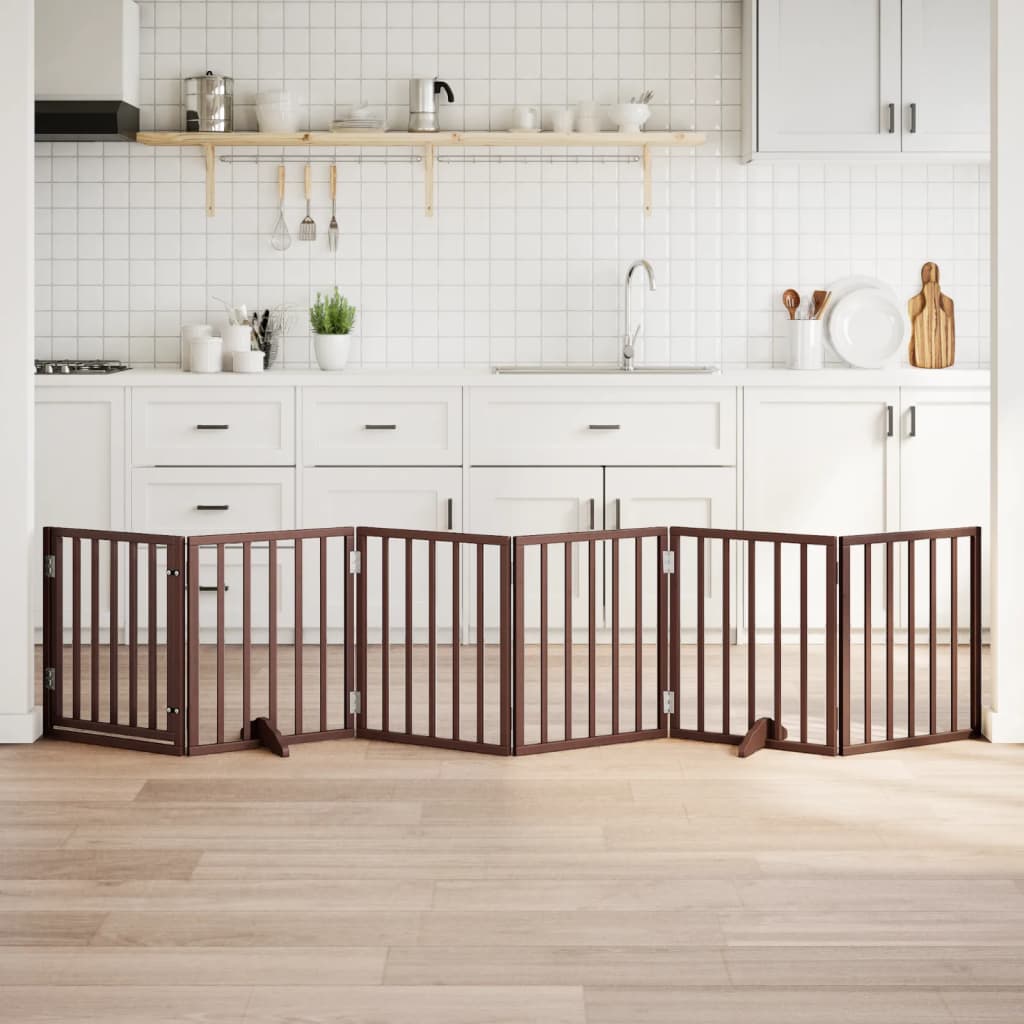 Dog Gate with Door Foldable 6 Panels Brown 300 cm Poplar Wood