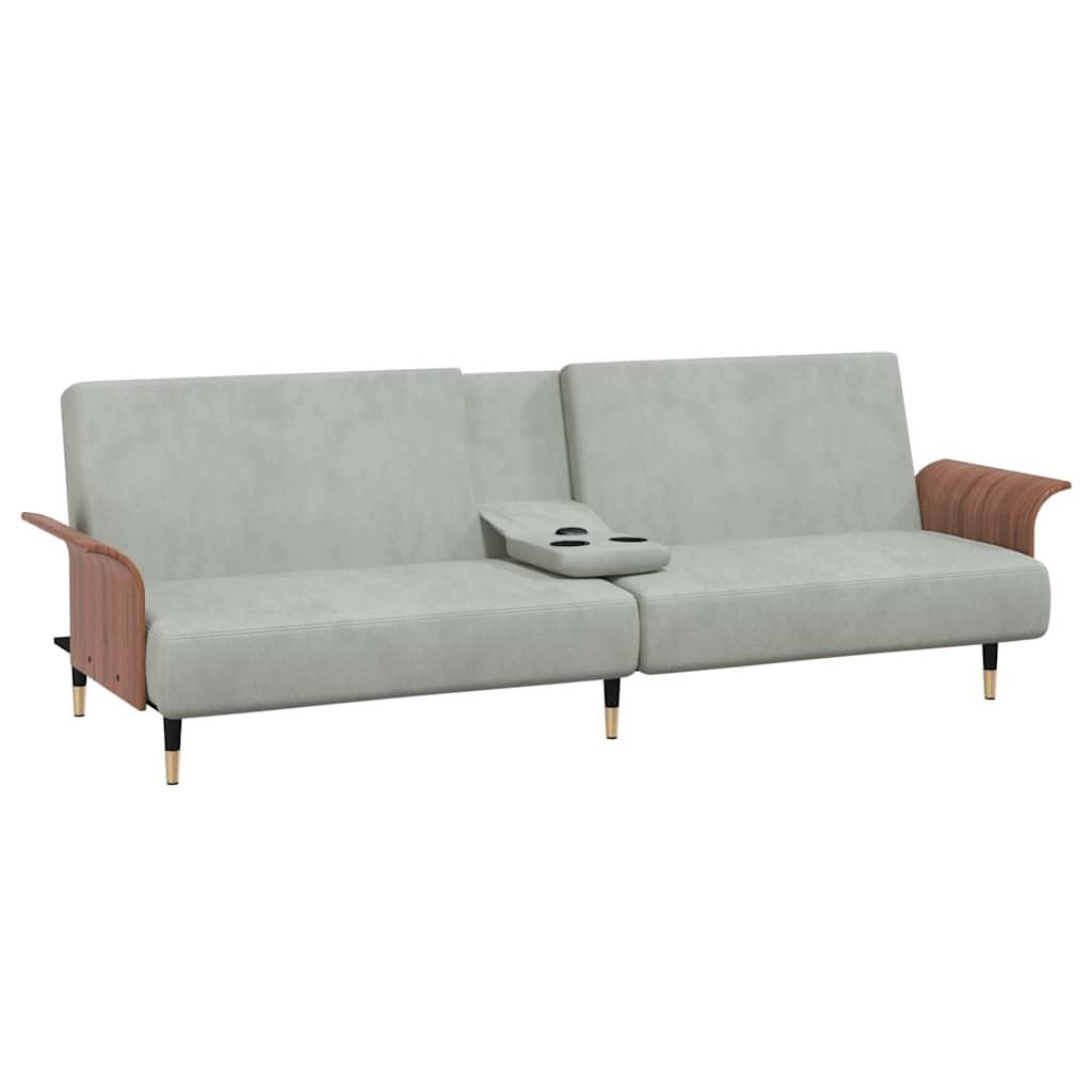 Sofa Bed with Cup Holders Light Grey Velvet
