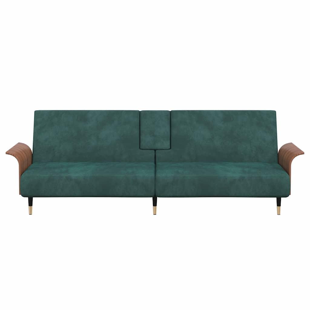 Sofa Bed with Cup Holders Dark Green Velvet
