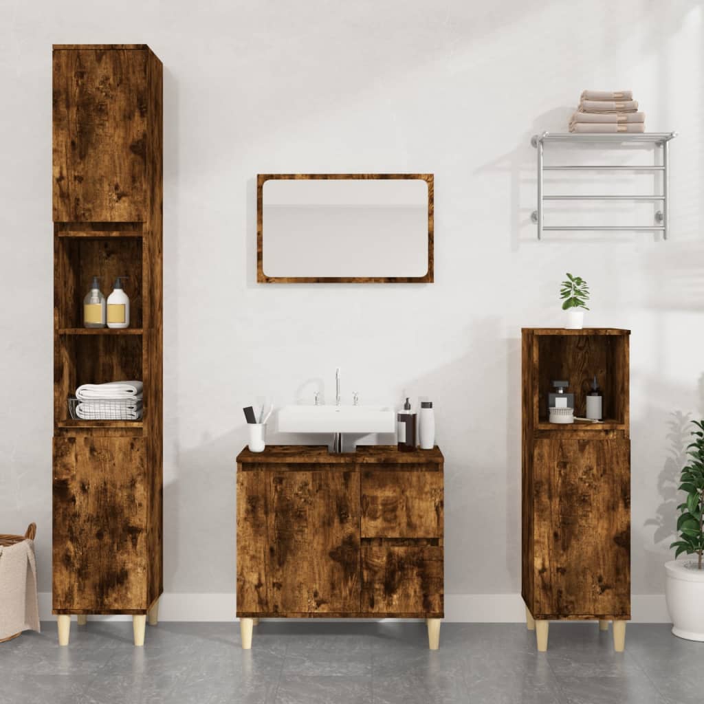 Bathroom Cabinet Smoked Oak 30x30x100 cm Engineered Wood