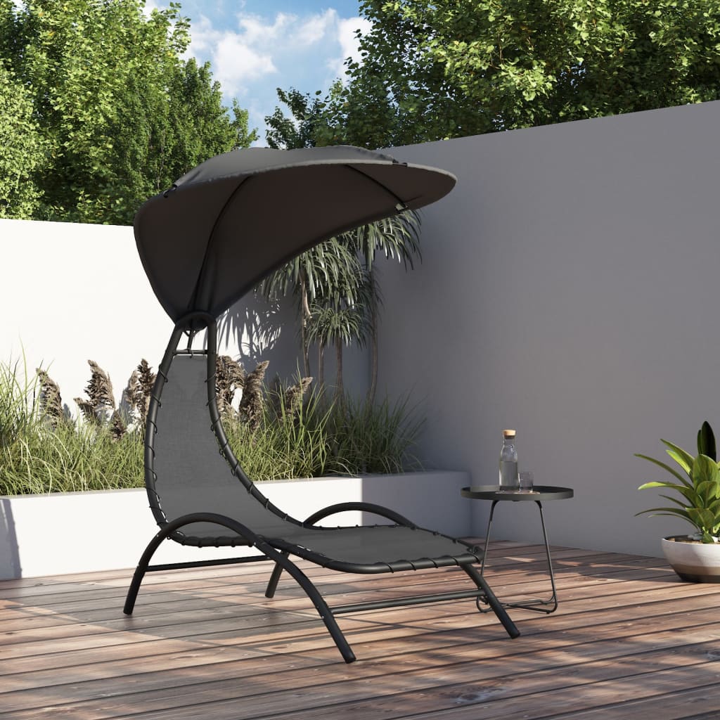 Sun Lounger with Canopy Dark Grey 167x80x195 cm Fabric&amp;Steel