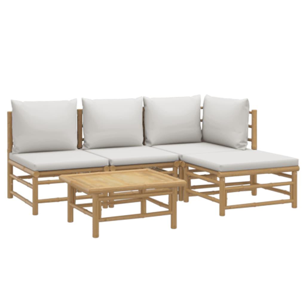 5 Piece Garden Lounge Set with Light Grey Cushions Bamboo