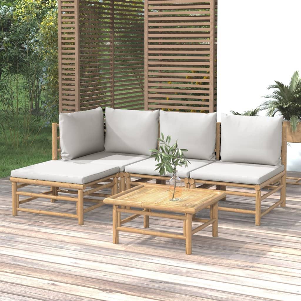 5 Piece Garden Lounge Set with Light Grey Cushions Bamboo