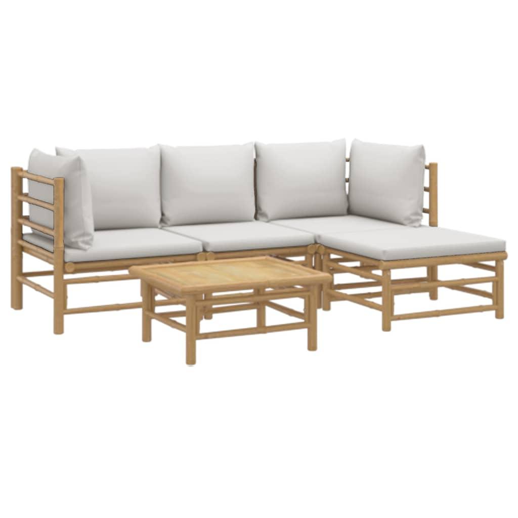 5 Piece Garden Lounge Set with Light Grey Cushions Bamboo
