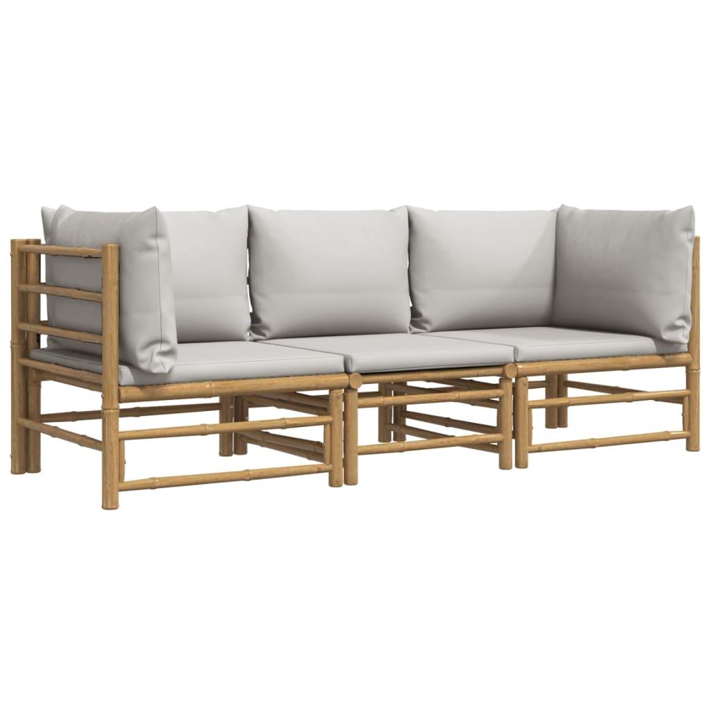 3 Piece Garden Lounge Set with Light Grey Cushions Bamboo