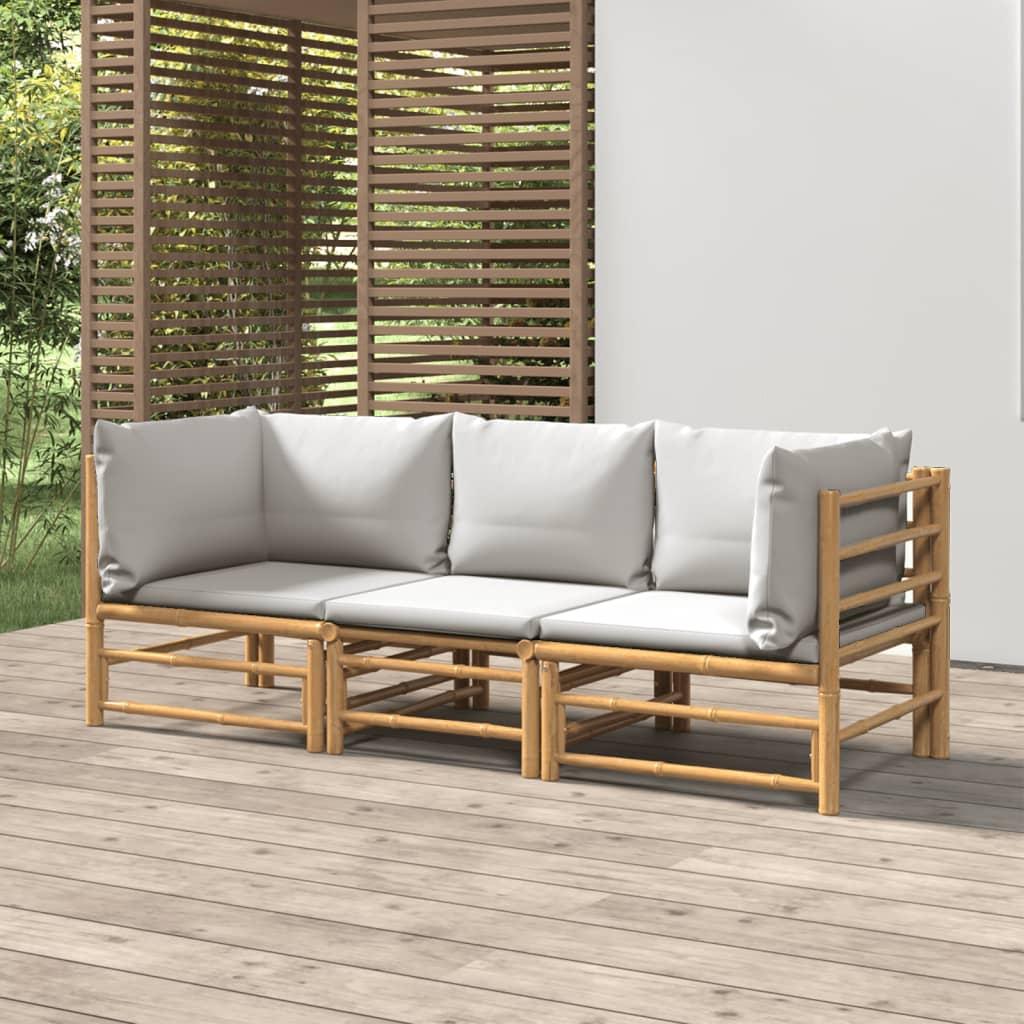 3 Piece Garden Lounge Set with Light Grey Cushions Bamboo