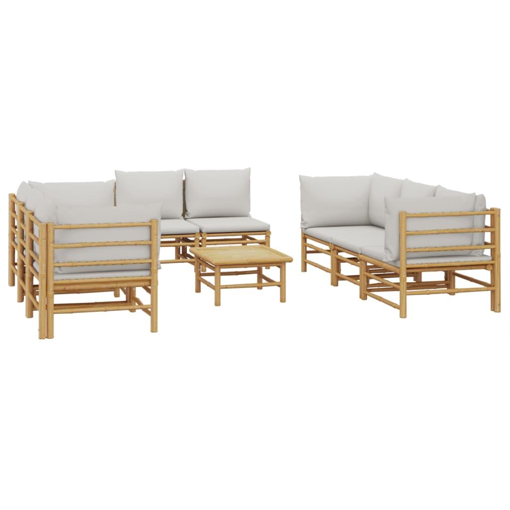 9 Piece Garden Lounge Set with Light Grey Cushions Bamboo