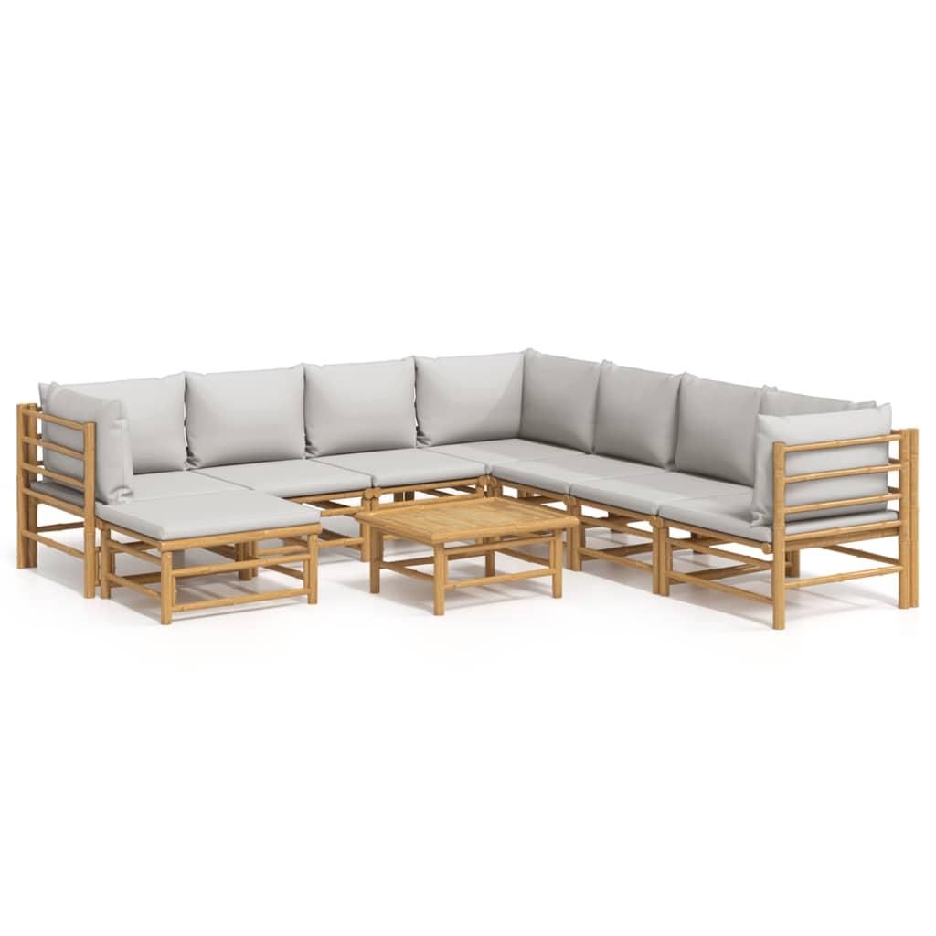 9 Piece Garden Lounge Set with Light Grey Cushions Bamboo