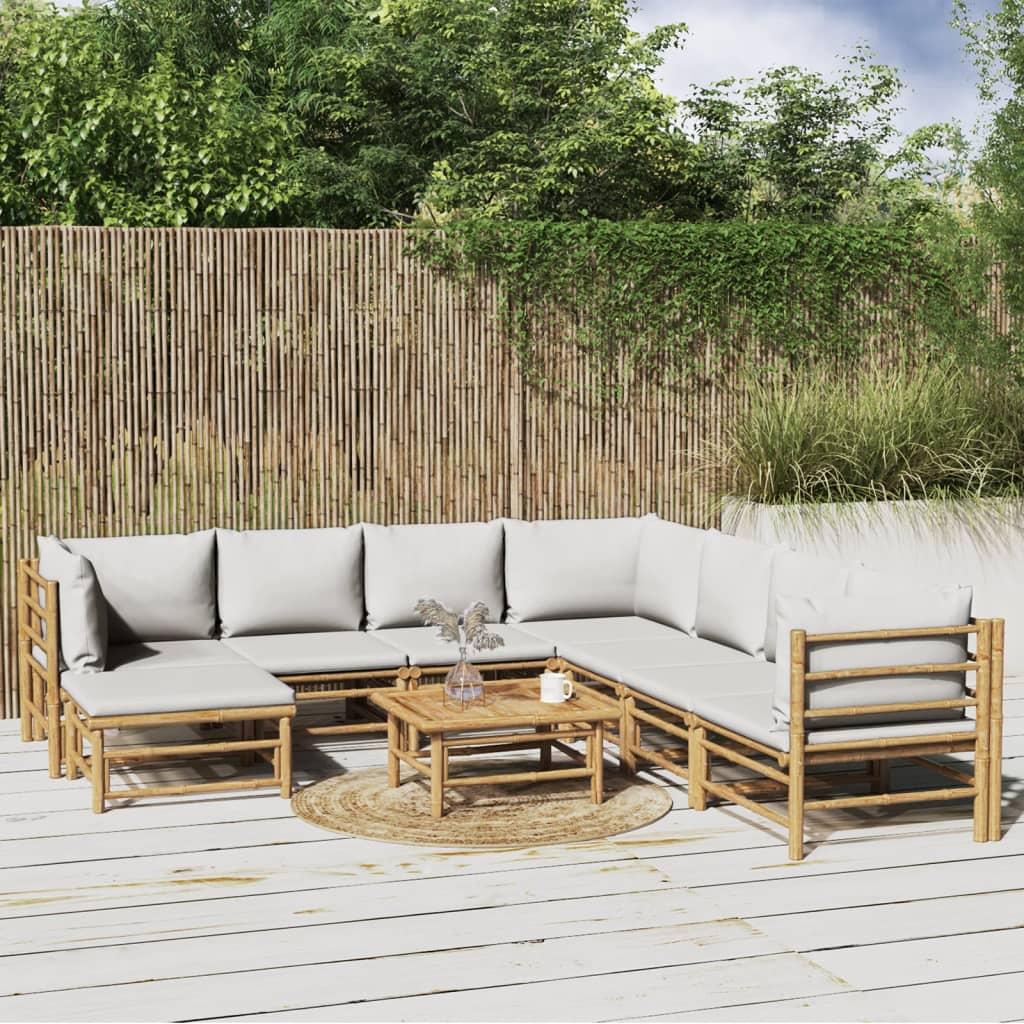 9 Piece Garden Lounge Set with Light Grey Cushions Bamboo